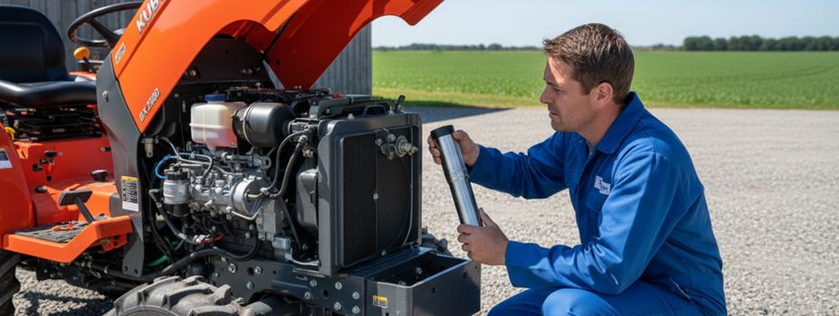Man i blått arbetsställ inspekterar motorn på en orange traktor.